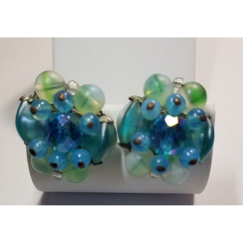 Vintage Bead Clip-On Earrings Signed West Germany Blue & Green Retro Classics
